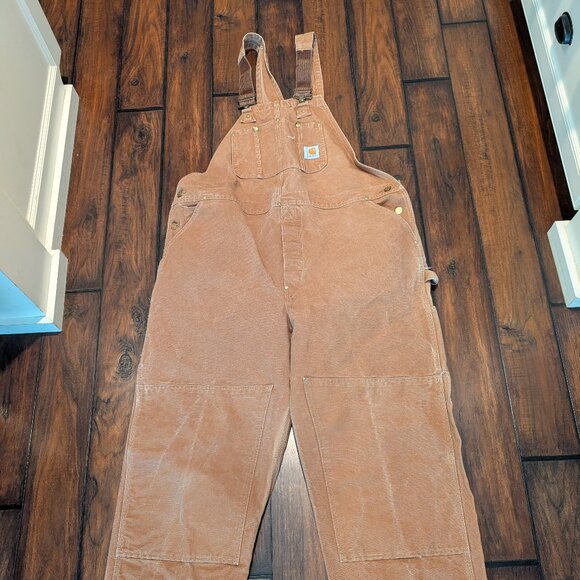 Carhartt Overall Bibs Mens 46x34 Brown Double Knee Workwear Canvas Vintage XL - Picture 1 of 12